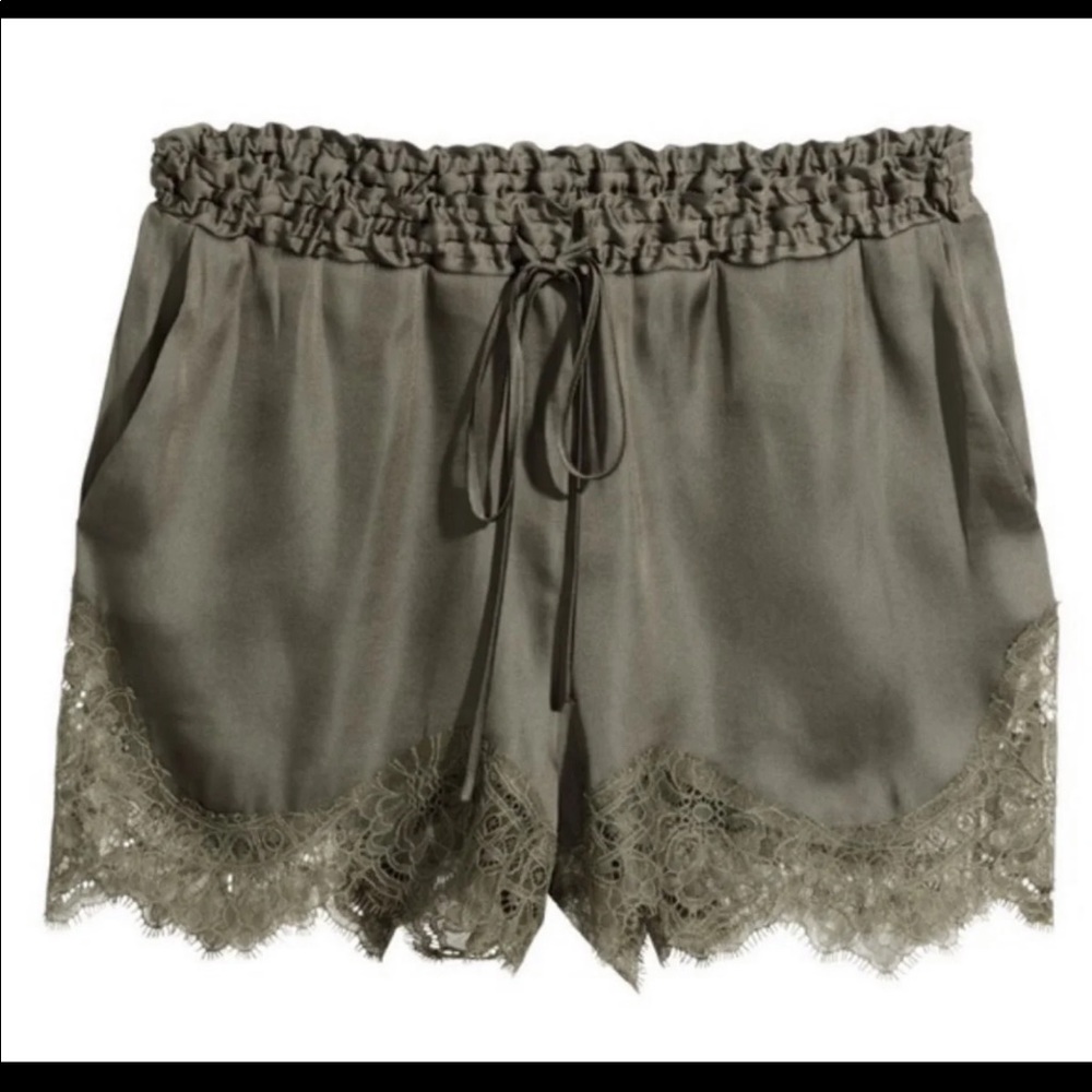 H&M Satin lace trim Shorts Olive green